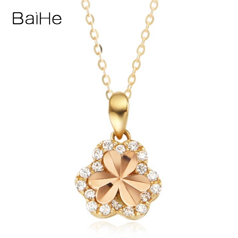 BAIHE Solid 14K Yellow Gold H/SI Natural Diamond Clover Pendant Necklace Women Gift Trendy Fine Jewelry Making שרשרת תלתן قلادة