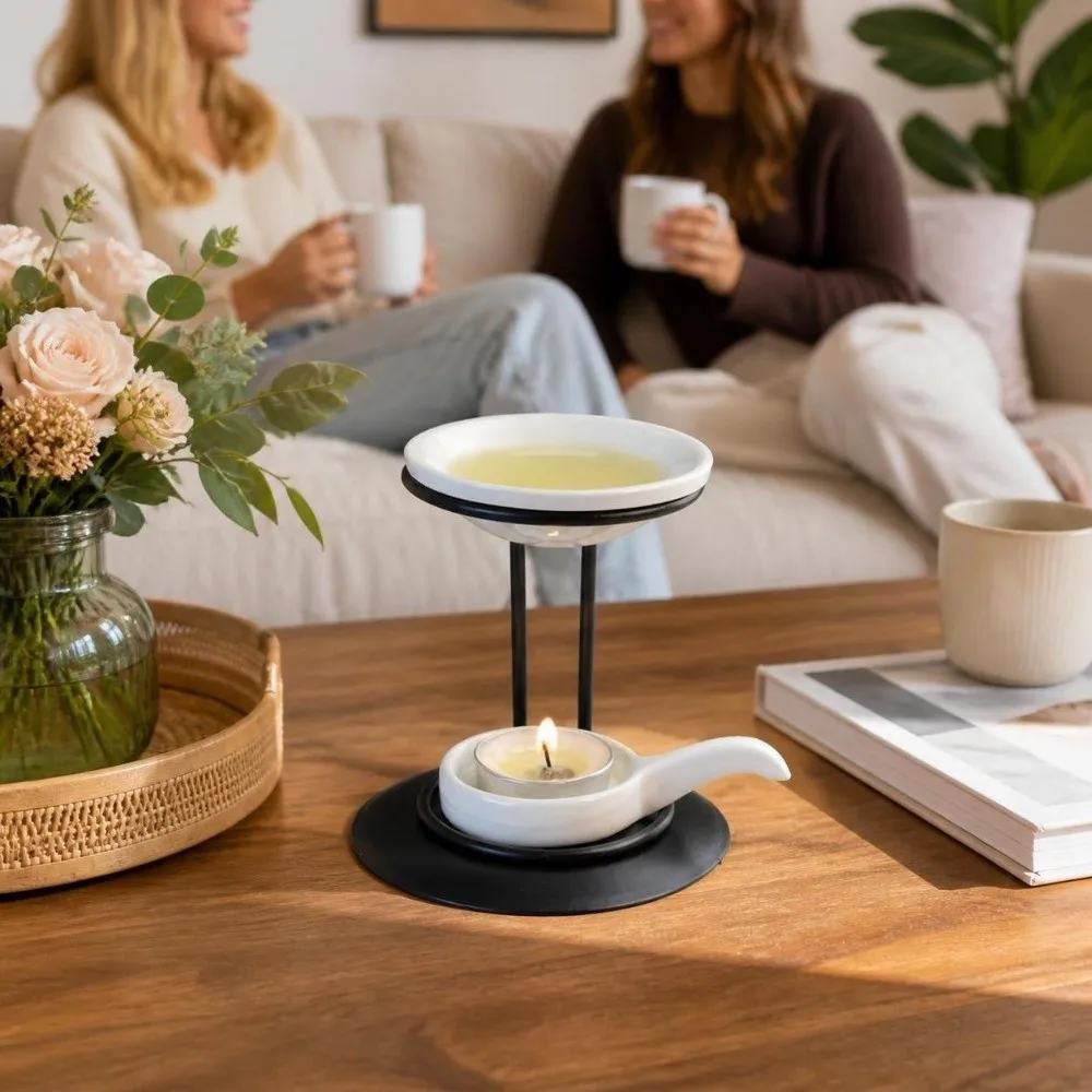 Minimalist Essential Oil Burner Ceramic Bowl Iron Base Aromatherapy Candle Holder Portable Modern Incense Burner SPA