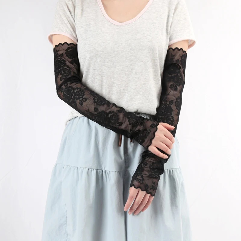 Sommerliche Spitzen-Fingerlose Handschuhe mit Lochmuster, Elastische Fahr- und Fahrradhandschuhe, Dünne Netz-Ärmelhandschuhe in Schwarz, Fingerlose Fäustlinge – Detail 3
