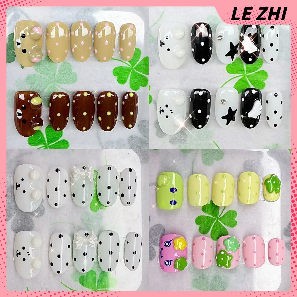 

Sweet Cute Anime Rilakkuma Cat Rabbit Handmade Press On Nails Bowknot Star Dessert Musical Notes Wing Diamond Reusable Fake Nail