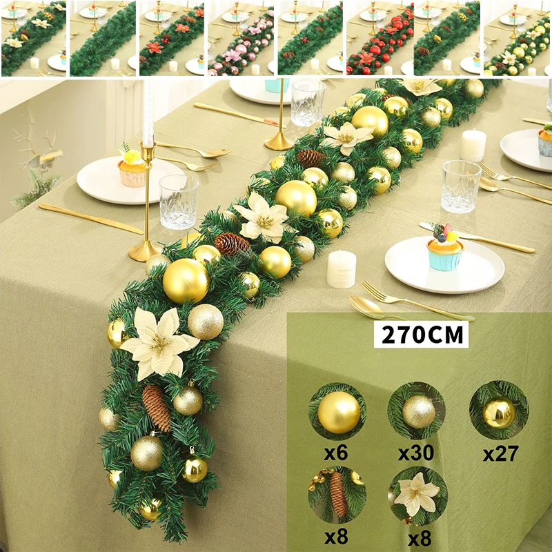 

2026 Christmas Garland DIY 2.7m Pine Needle Vine with Pinecones Floral Balls PVC Decor for Home Arch Party Fireplace Decorations