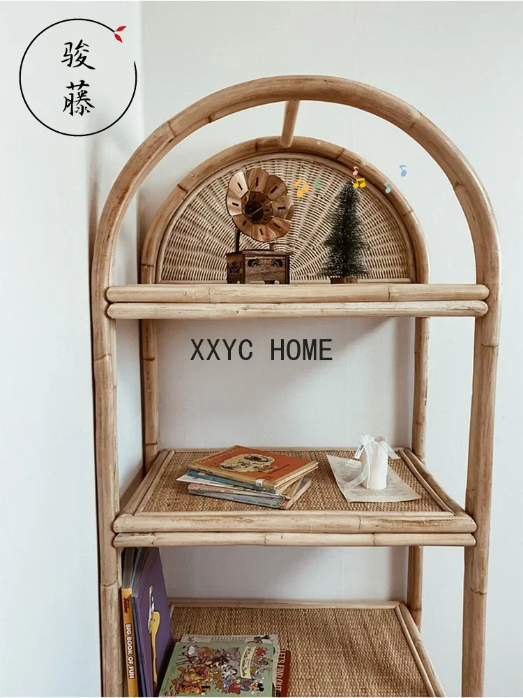 Rattan Bookshelf Floor Shelf Japanese Household Bookcase Display Cabinet Multi-Layer Partition Storage
