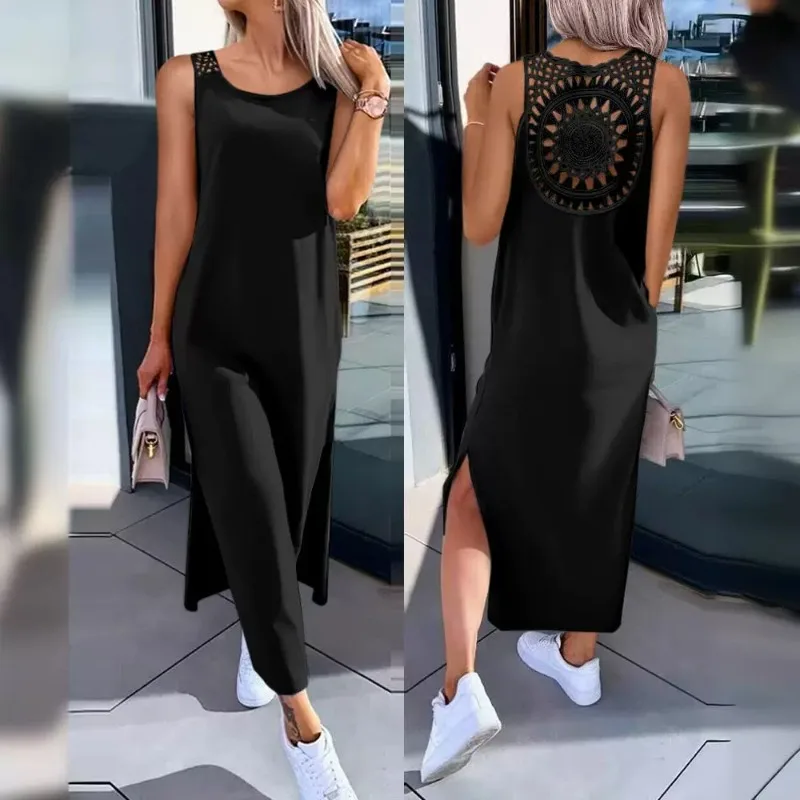 2024 Spring Summer New Women's Clothing Solid Color V-neck Vest Back Lace Cutout Slit Casual Dress