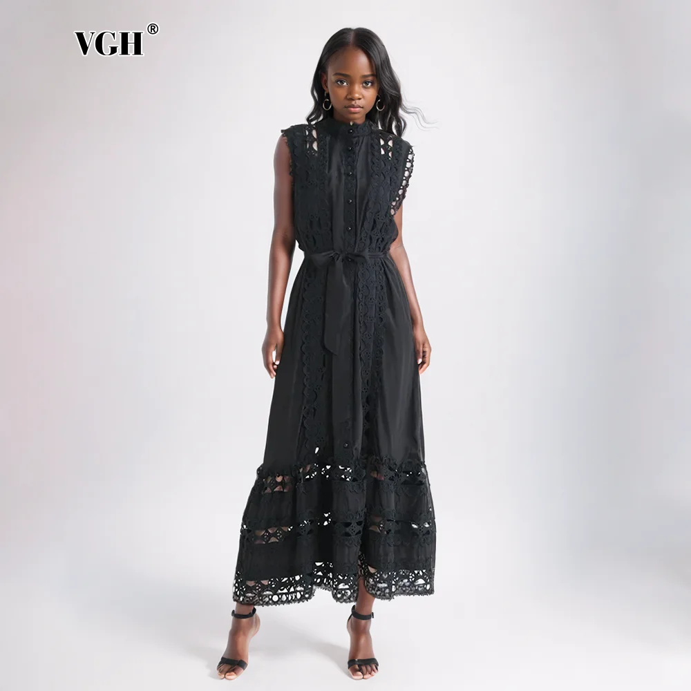 

VGH Hollow Out Slimming Dress For Women Round Neck Sleeveless High Waist Spliced Lace Up Minimalist Casual Dresses Female New