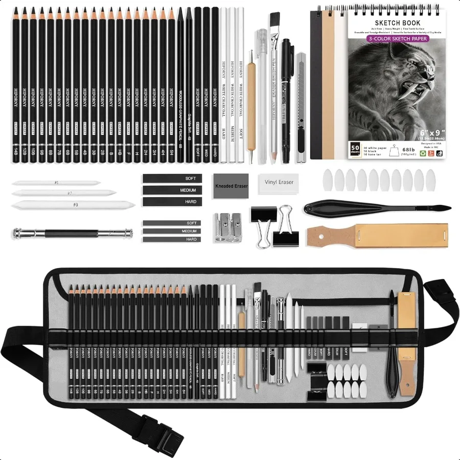 60 Pcs Drawing Kit Sketching Pencil SetSketch Pencils Art plies with 3Color Sketchbook Graphite Charcoal Drawing Pencils for Ad