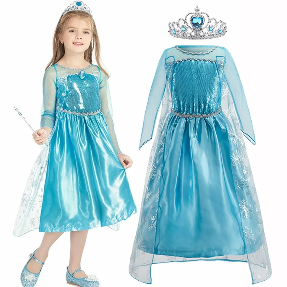 

3 to 10 Years Old Girls Princess Dress Kids Elsa Cosplay Costume Fancy Elsa Wig Children Holiday Party Christmas Evening Dress