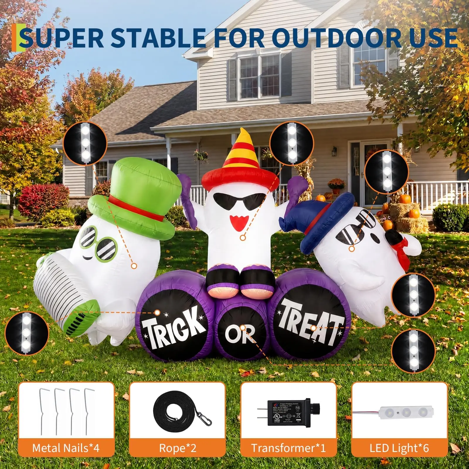 8FT Halloween Inflatable Ghost Decoration with LED Lights, Trick or Treat Blow Up Outdoor Yard Decor for Garden 8