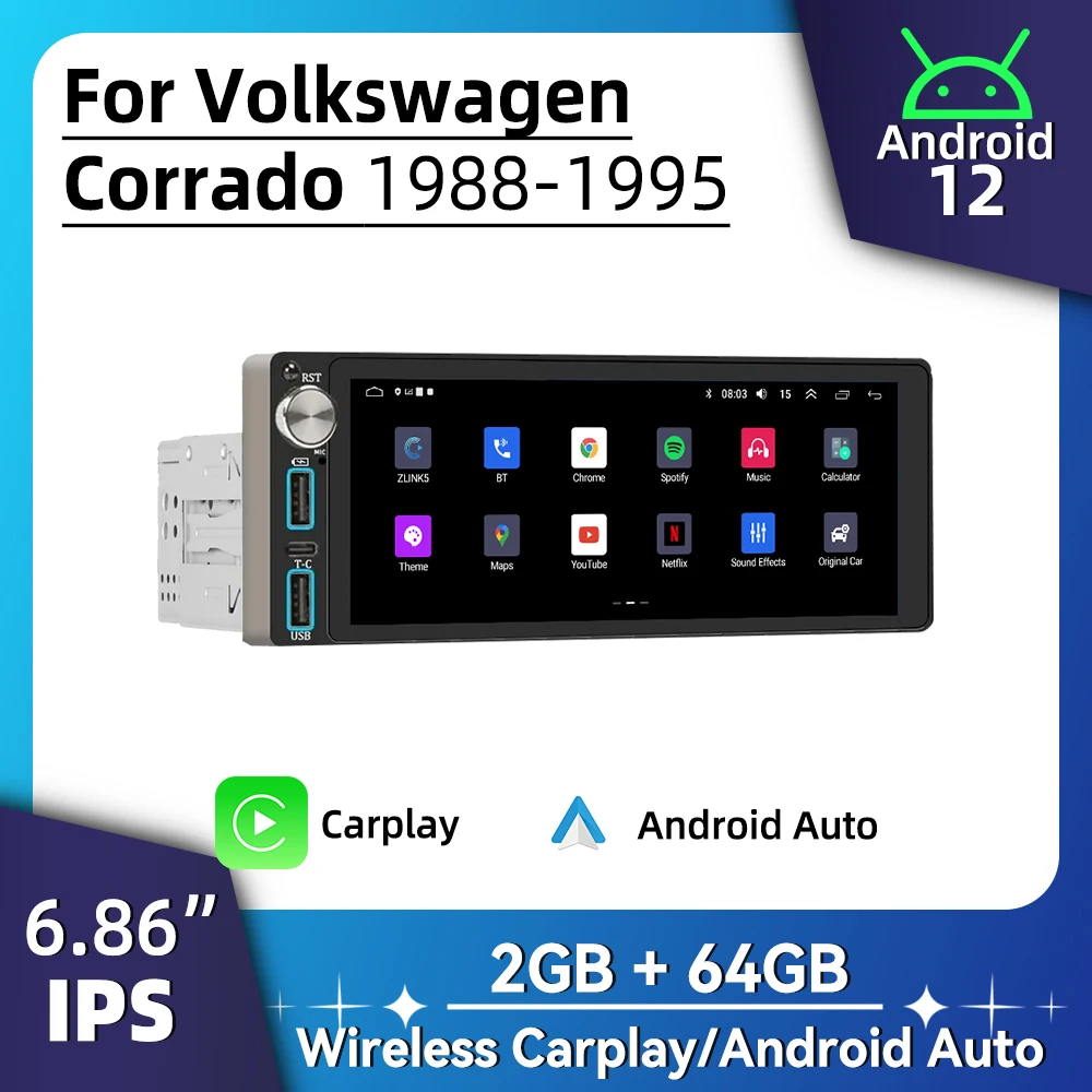 شاشة 6.86 بوصة وسائط متعددة للسيارة تعمل بنظام أندرويد لسيارة VW Volkswagen Corrado 1988-1995 1 Din وحدة رأس ستيريو وراديو Carplay GPS Wifi Autoradio