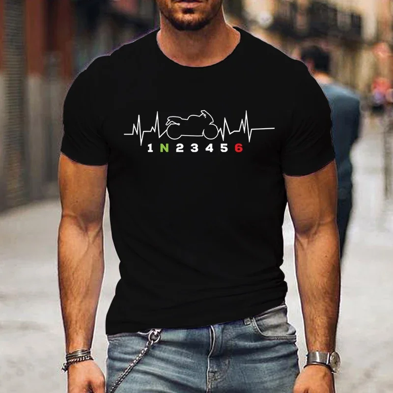 Casual Men's T-Shirt Heartbeat Motorcycle Gear Shift One Up Five Down Biker Print T-Shirt Tops Men's Clothing Oversized T-Shirt