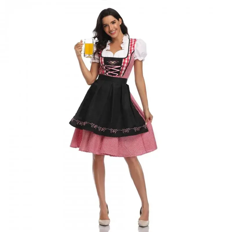 Carnival Halloween Lady German Dirndl Oktoberfest Costume Bavarian National Plaid Clubwear Cosplay Fancy Party Dress