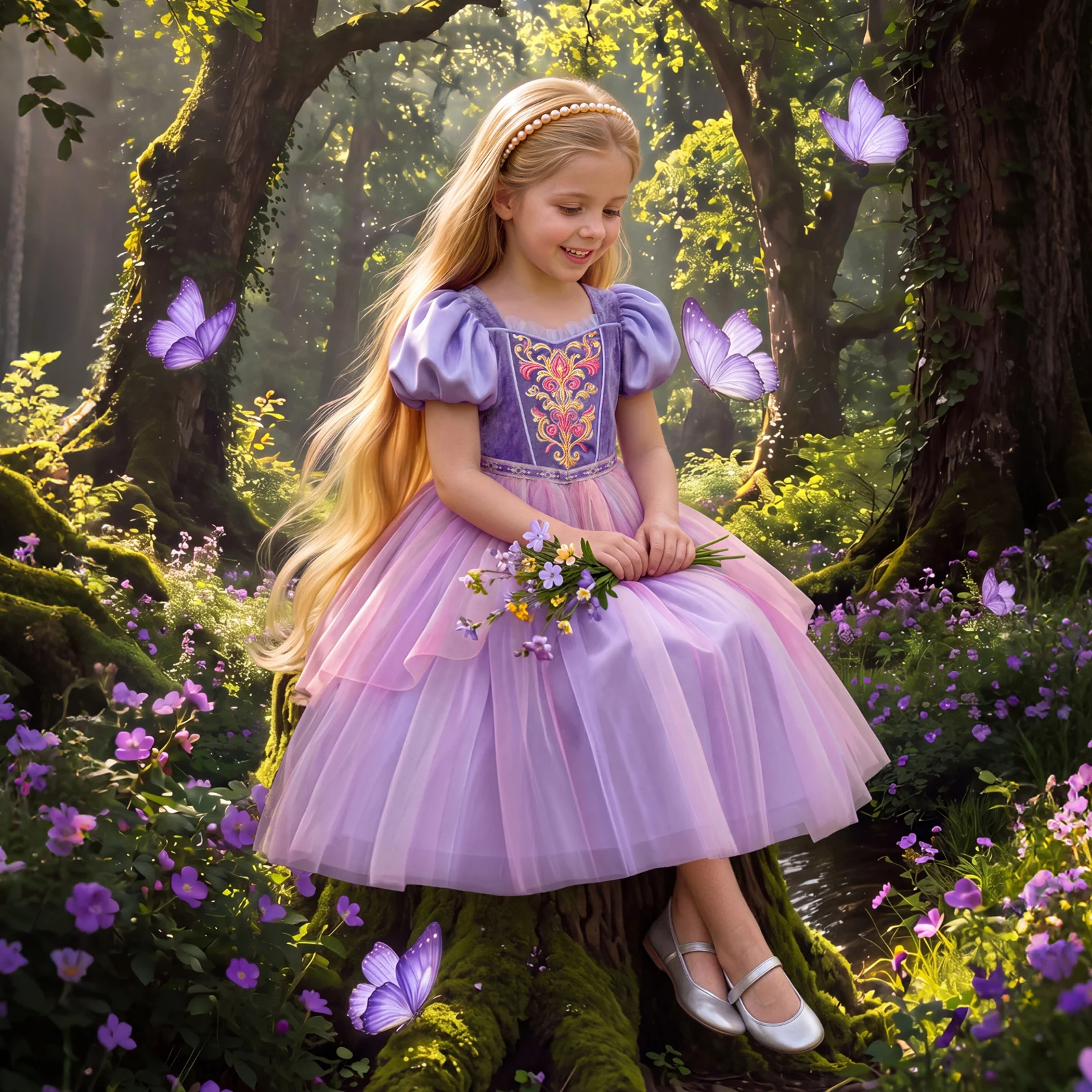 Girls' Fairy Tale Rapunzel Dress Birthday Party Host Piano Performance Dress Children's Halloween Puff Sleeve Dress
