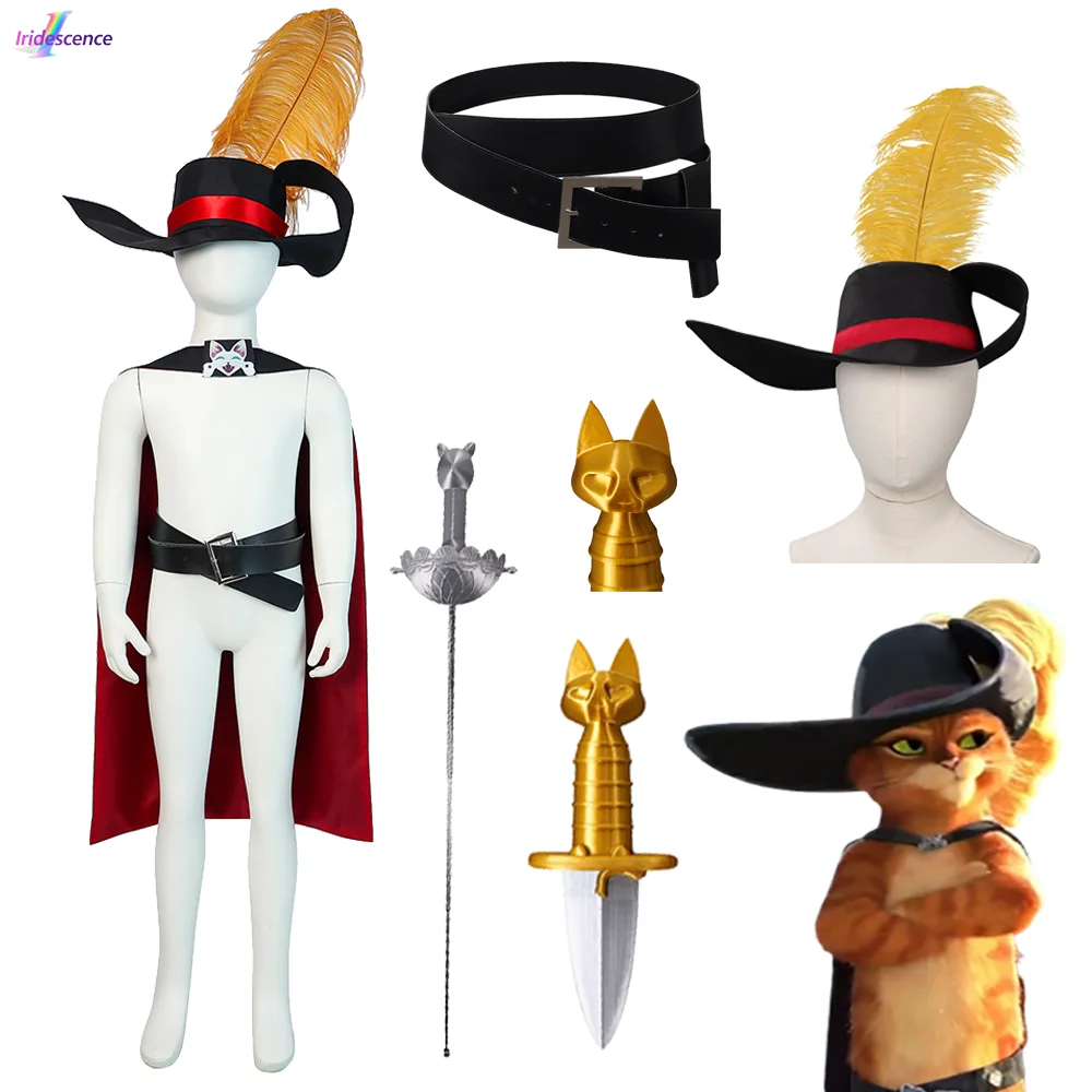 Juego de rol de gato con botas, sombrero de disfraz de Cosplay con cinturón de espada de plumas, cubierta de zapato, accesorios de fiesta de Halloween para niños, accesorios de juego de rol