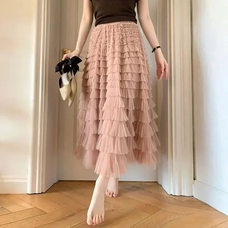 Tutu Cake  A Line Skirts Women Elegant Cascading Ruffles Long Skirts Female Casual Elastic Waist Party Lace Skirt Falda