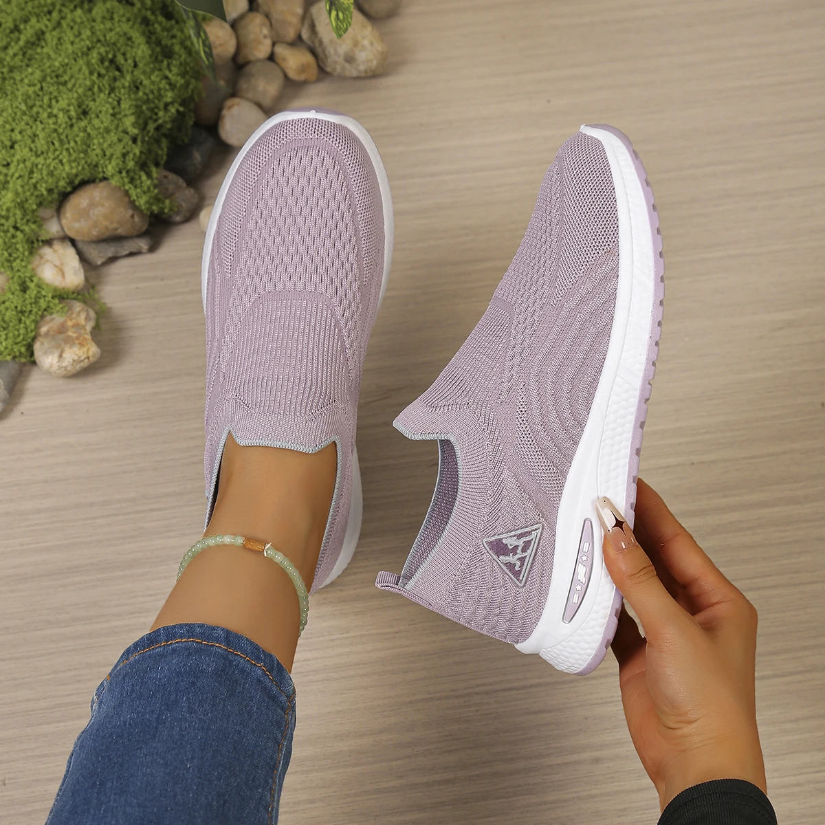 Women's Sock-Style Knit Mesh Slip-On Sneakers, Wavy Jacquard Vamp, Contrast Color Collar Trim, Daily Walking Casual Footwear