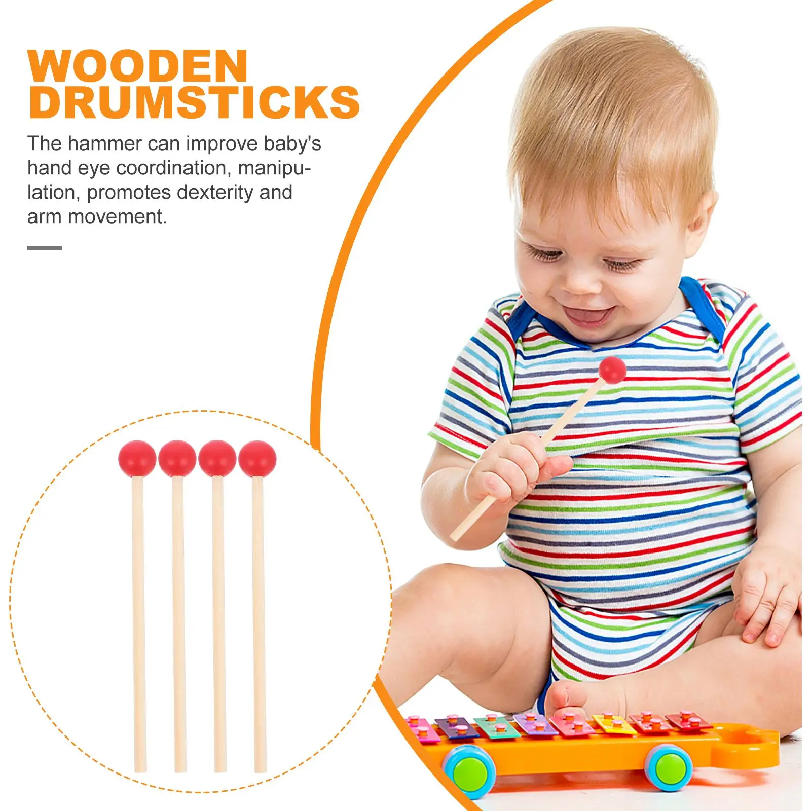 12pcs Wooden Drumstick Mallet Percussion Accessory with Wood Handle Bass Drum Sticks Instrument Supply for Kids Children Toddler