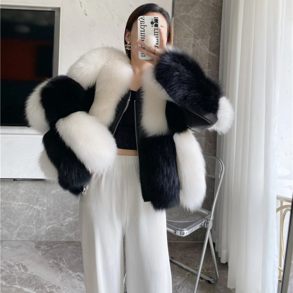 

2023 Hot Sales Imported Whole Skin Fox Fur Contrast Color Short Zipper Fashion Short Autumn Winter New Fur Coat