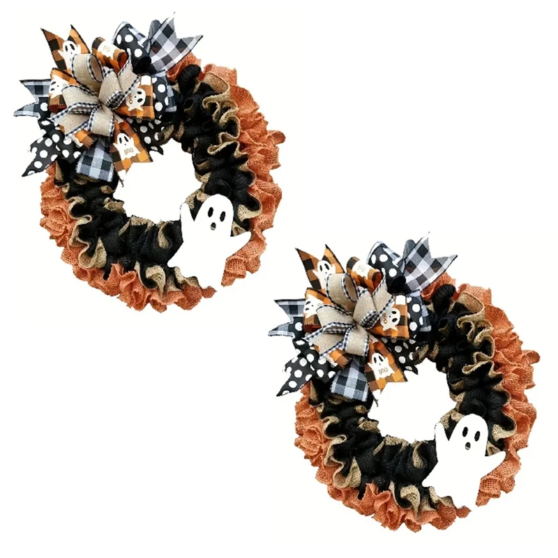 

A88E-Halloween Boo Ghost Garland Decorations Halloween Simulated Garland Ribbons Front Door Ghost Wreath Pendant