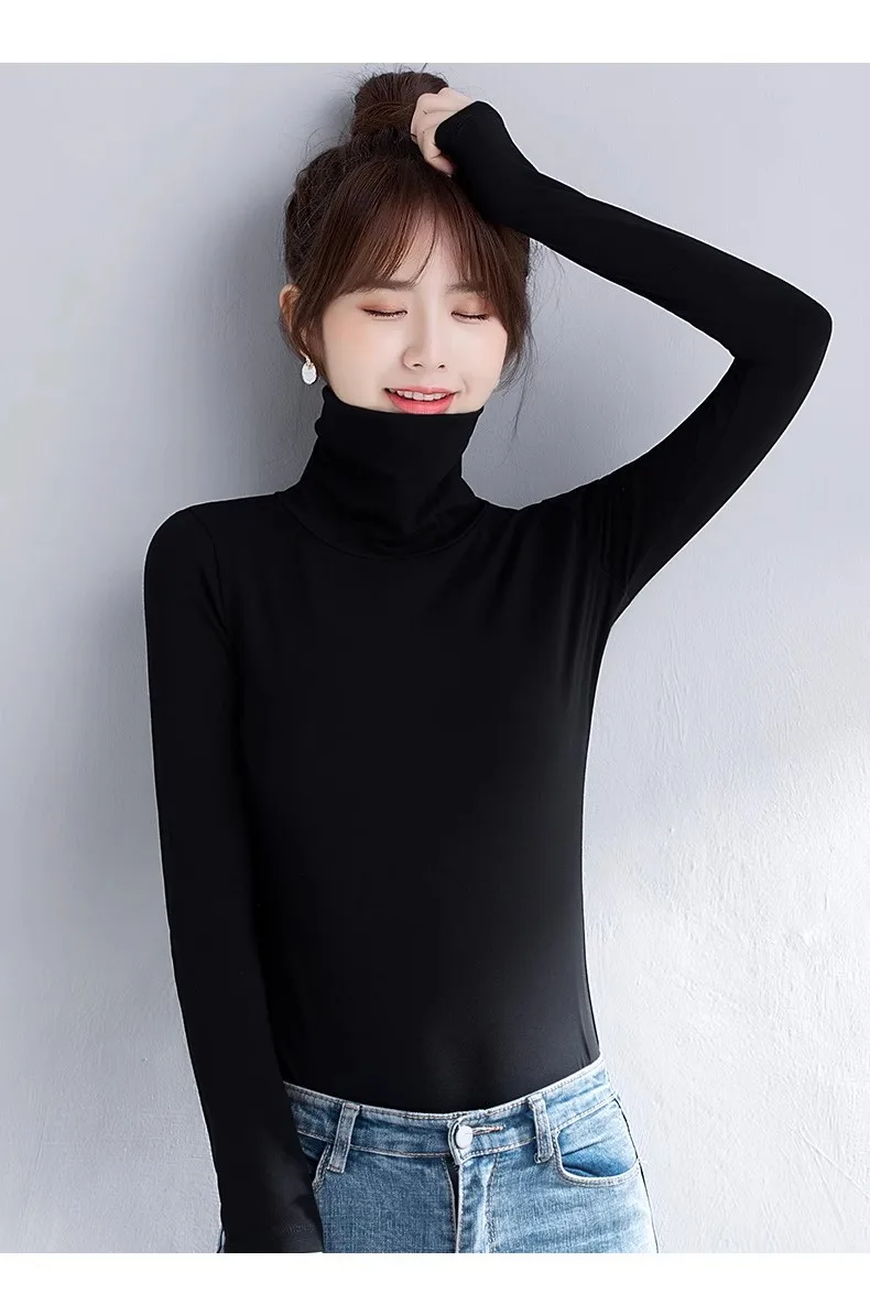 Women top Long  sleeve Turtleneck Cotton tshirt women all match tee black red white t shirt women top clothings-1