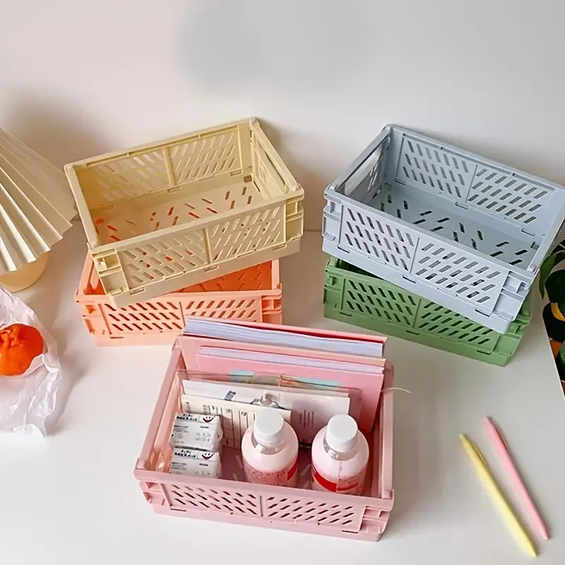 Mini cesta de plástico para organizar el escritorio, almacenamiento manual de cajas de almacenamiento apiladas plegables, 2 piezas