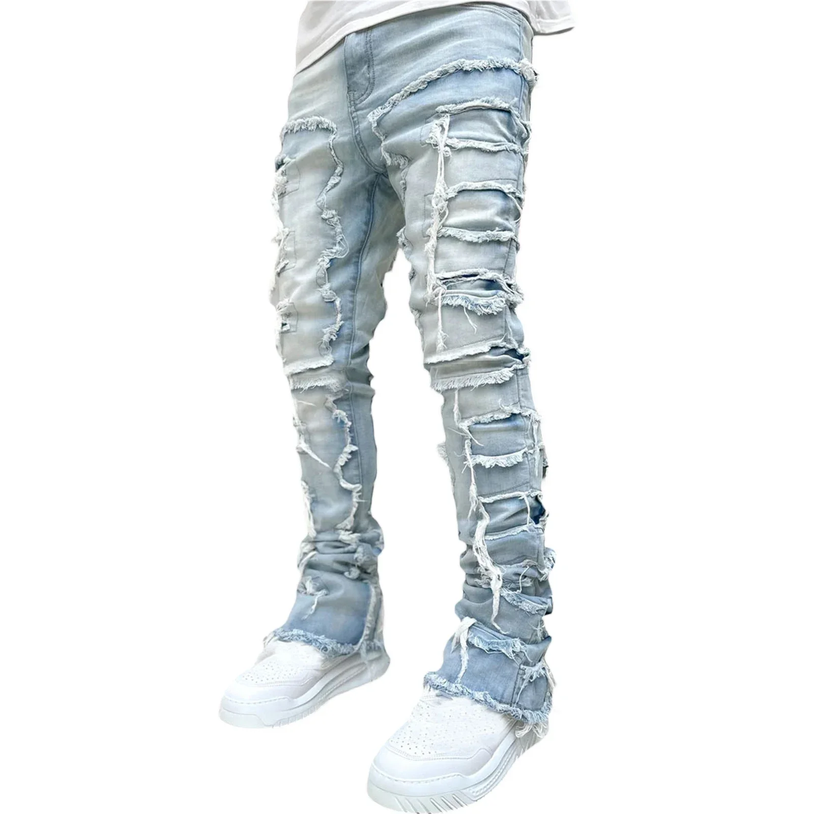 Men's Regular Fit Stacked Jeans Patch Distressed Destroyed Straight Denim Pants Streetwear Clothes Casual Jean Pants