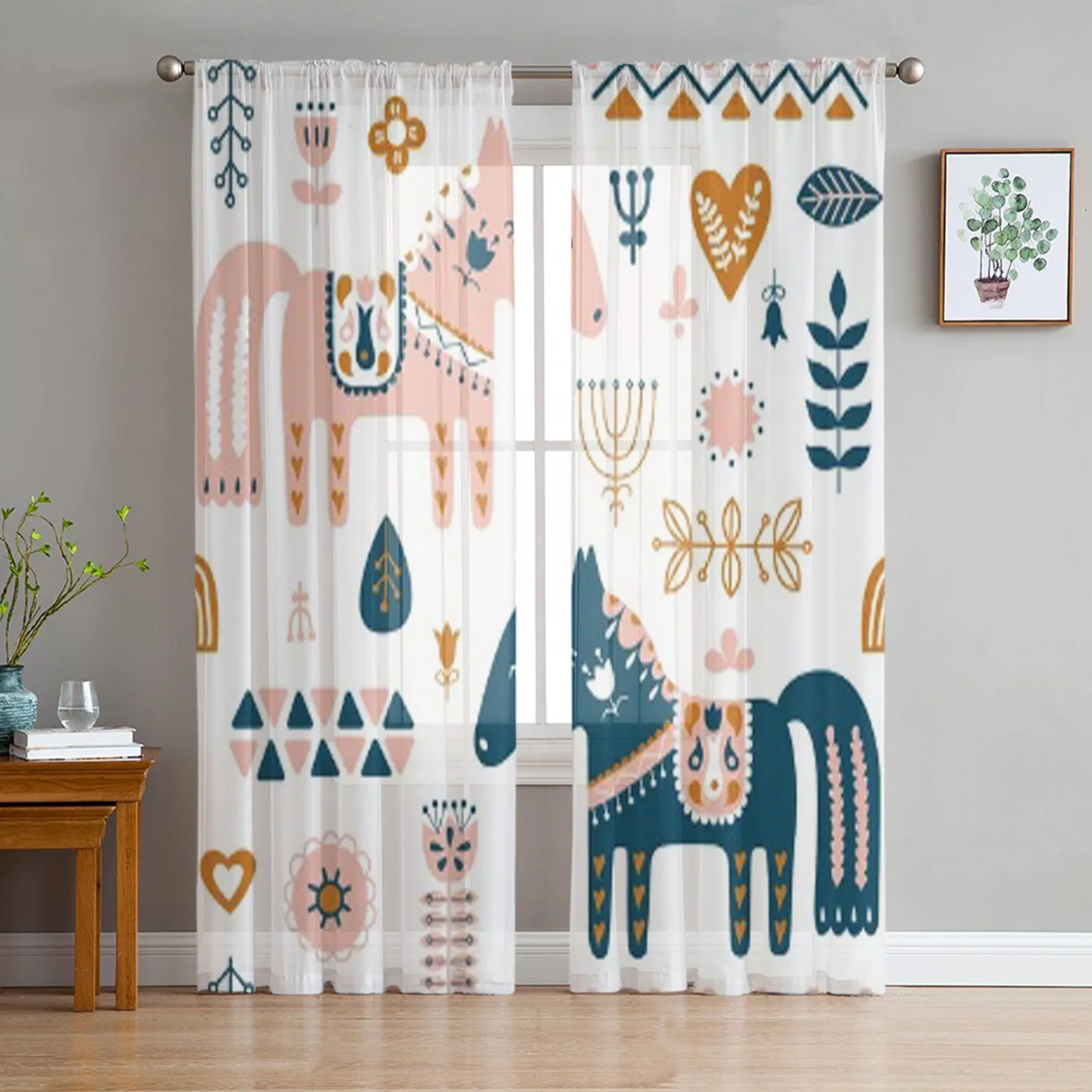 Nordic Repeating Dala Horse Forest Chiffon Sheer Curtains for Living Room Bedroom Kitchen Decoration Window Voiles Tulle Curtain