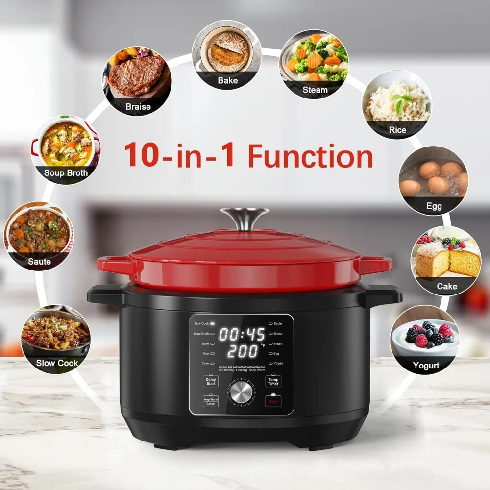 6-Quart Enameled Cast Iron Dutch Oven, 1500W Large Electric Cooking Pot, 10-in-1 - Slow Cook, Saute, Soup Broth, Braise, Bake