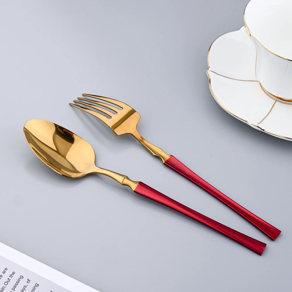 Dinnerware Red Gold Stainless Steel Cutlery Set Tableware Home Dinner Silverware Knife Dinner Fork Ice Spoon Hotel Flatware Set