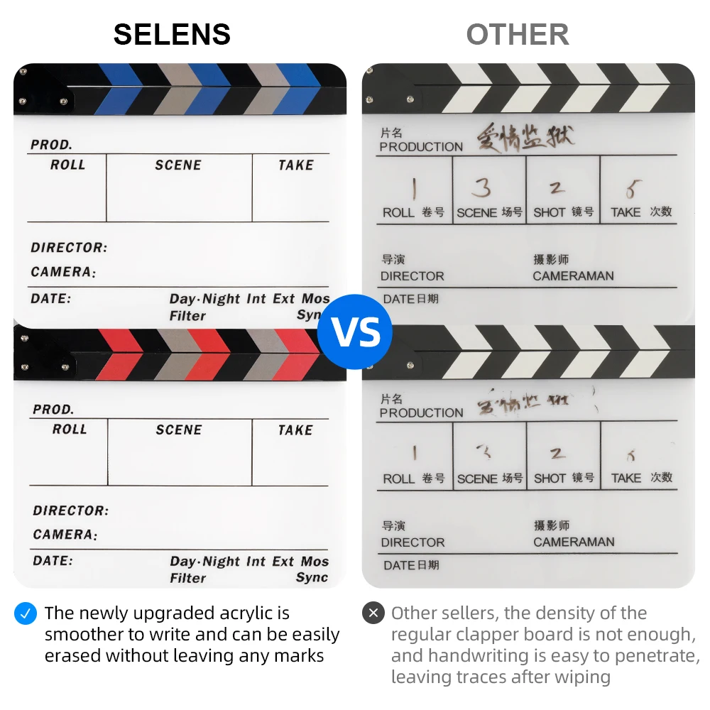 Selens Clapper Board Acrylic Movie Action Slate Director Film Clapboard Slate Wooden with Pen