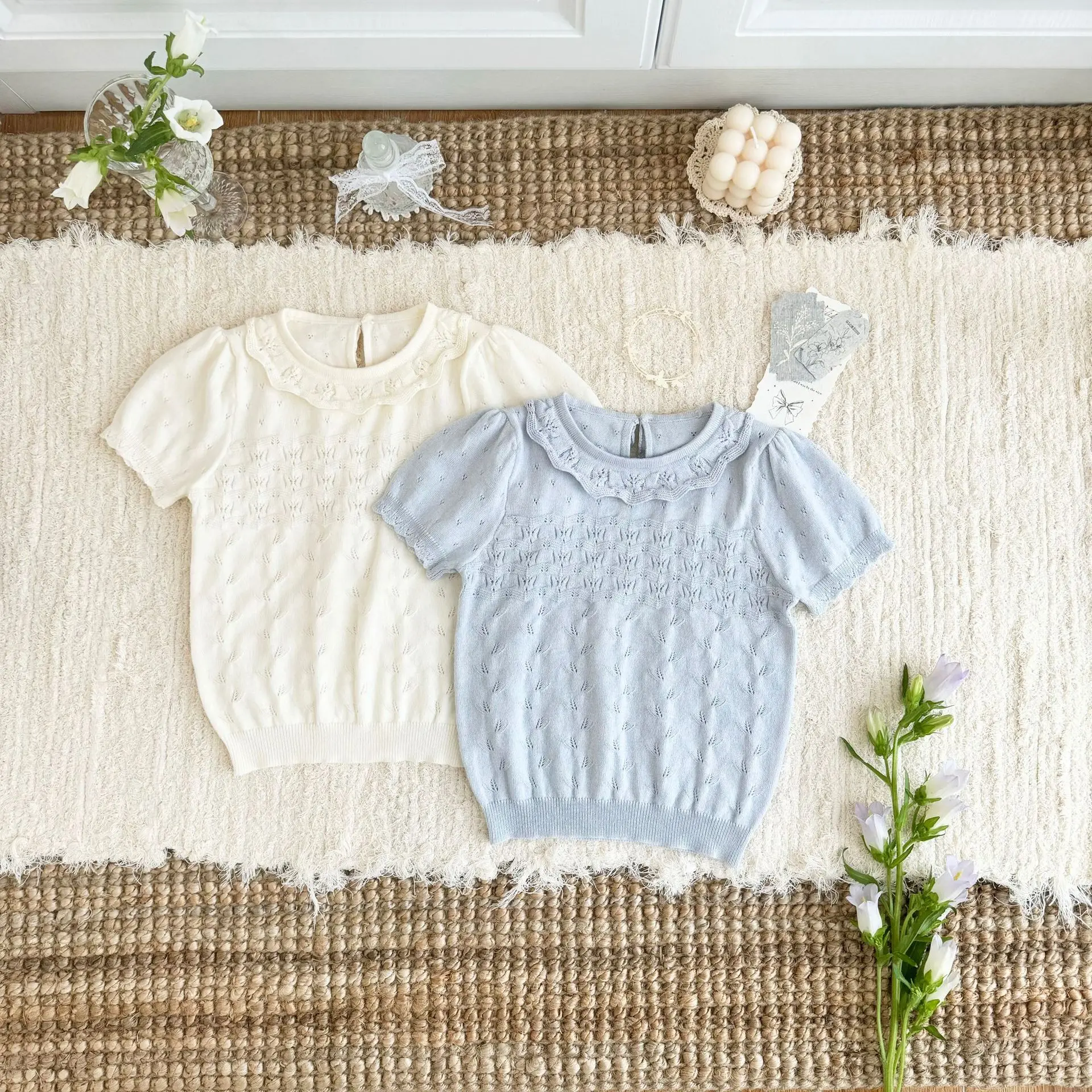 2026 Girls' Hollow Short Sleeve Knitted Shirt Summer Lotus Collar Knitted T-shirt