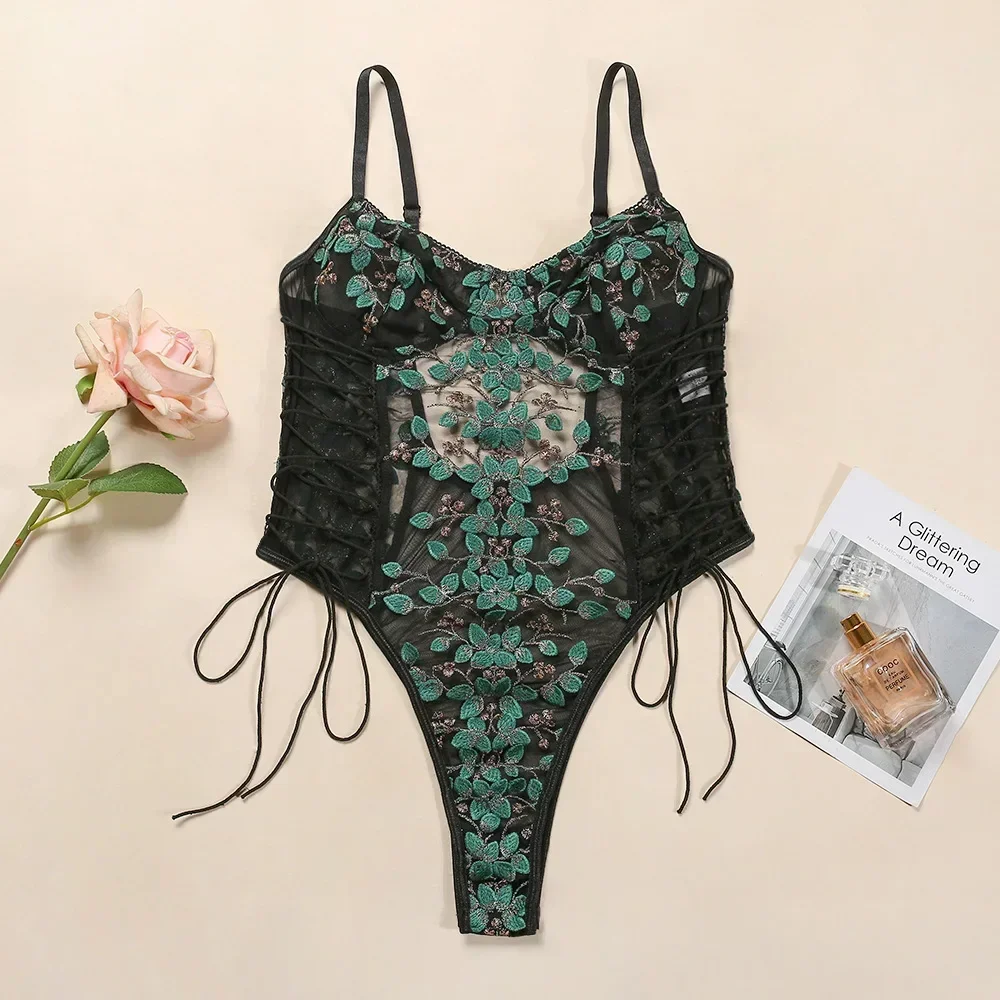 Green Lace Floral Mesh Embroidery Bodysuit Women Sexy Lingerie See Through Underwear Erotic Teddies Lenceria Romper