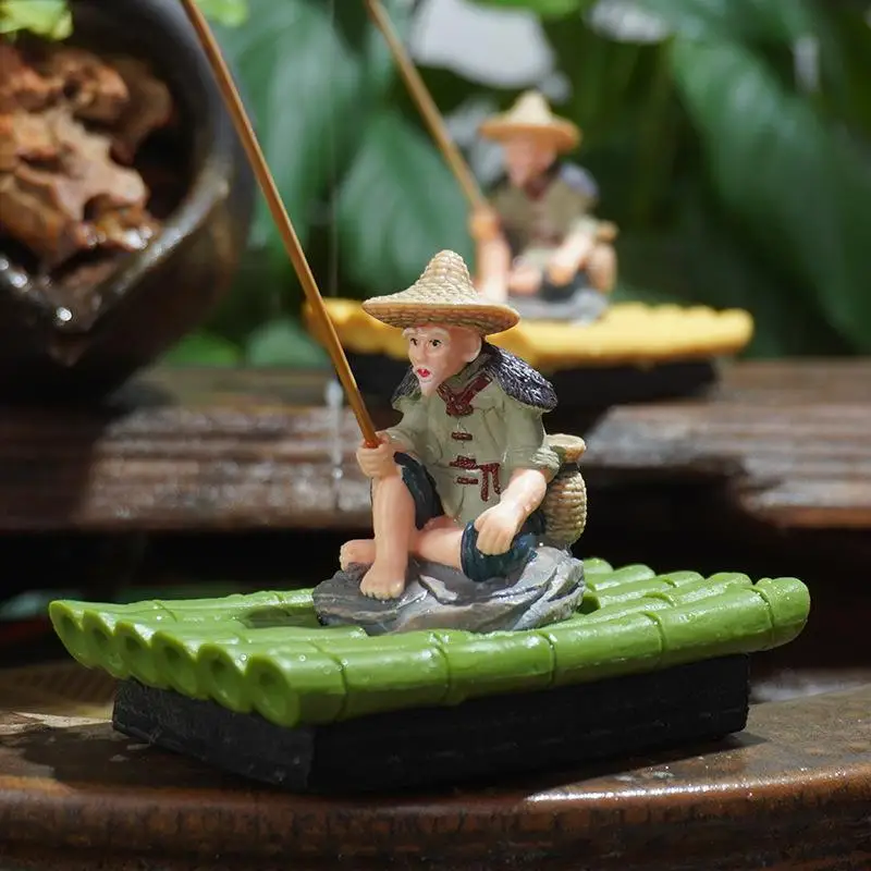 Outdoor Themed Elderly Fisherman Figurine on Bamboo Raft, PVC Statue for Landscaping and Aquarium Use