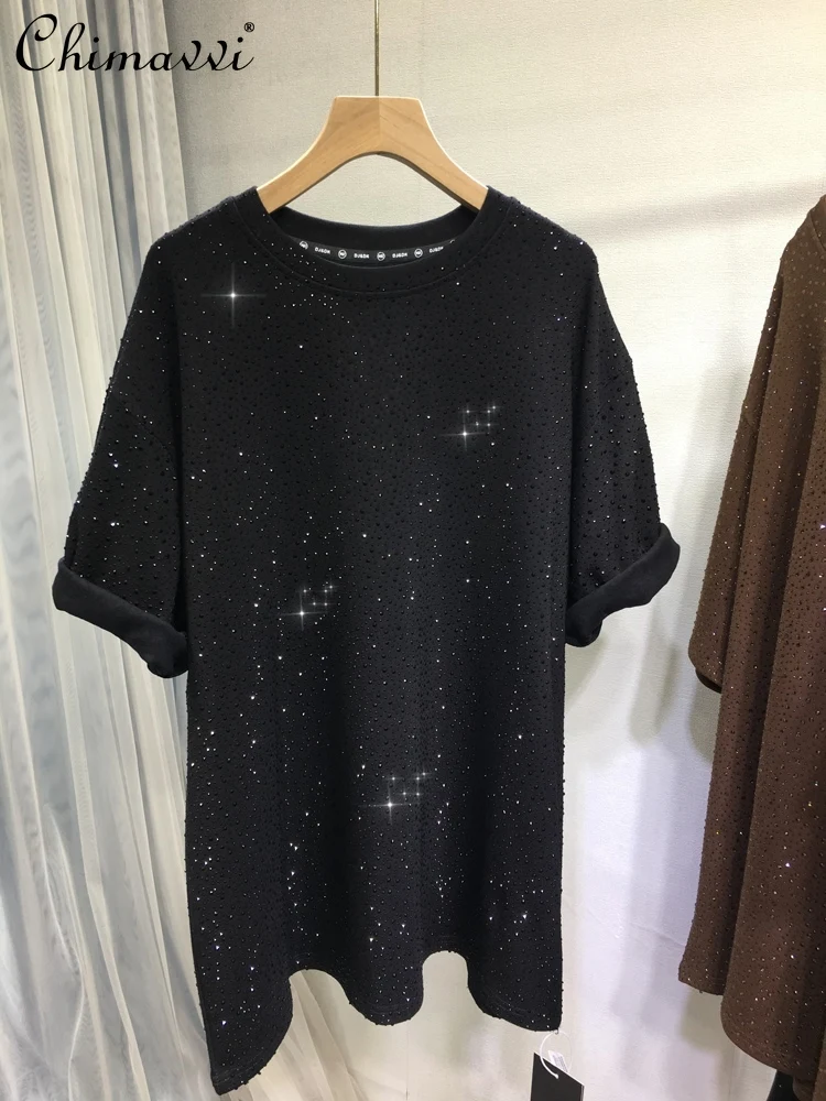 

European Heavy Rhinestone T-Shirt Women New Fashion Brushed Thickened Full Rhinestone Round Neck Loose Mid-Length T-Shirt