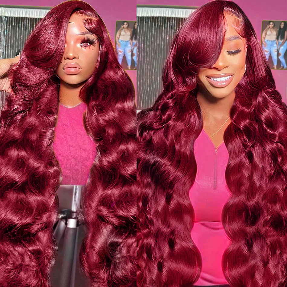 Perruque Lace Front Wig Body Wave Naturelle, Cheveux Humains, Couleur Rouge Bordeaux 99J, 13x4, 13x6 HD, Pre-Plucked, pour Femme, 30 Pouces