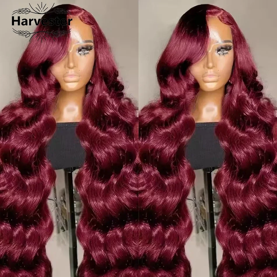 

200 Density Body Wave Human Hair Wig 99J Burgundy Colored Lace Front Wig 30 40 Inch 13x6 Transparent Lace Frontal Wigs For Women