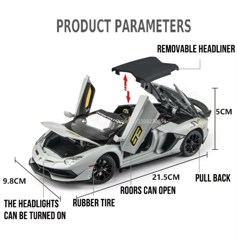 Modelo de coches Revuelto SVJ63, juguetes de aleación de fundición a presión, sonido de coche deportivo, luz, puerta trasera, modelo abierto, decoración de regalo para Festival, 1/24
