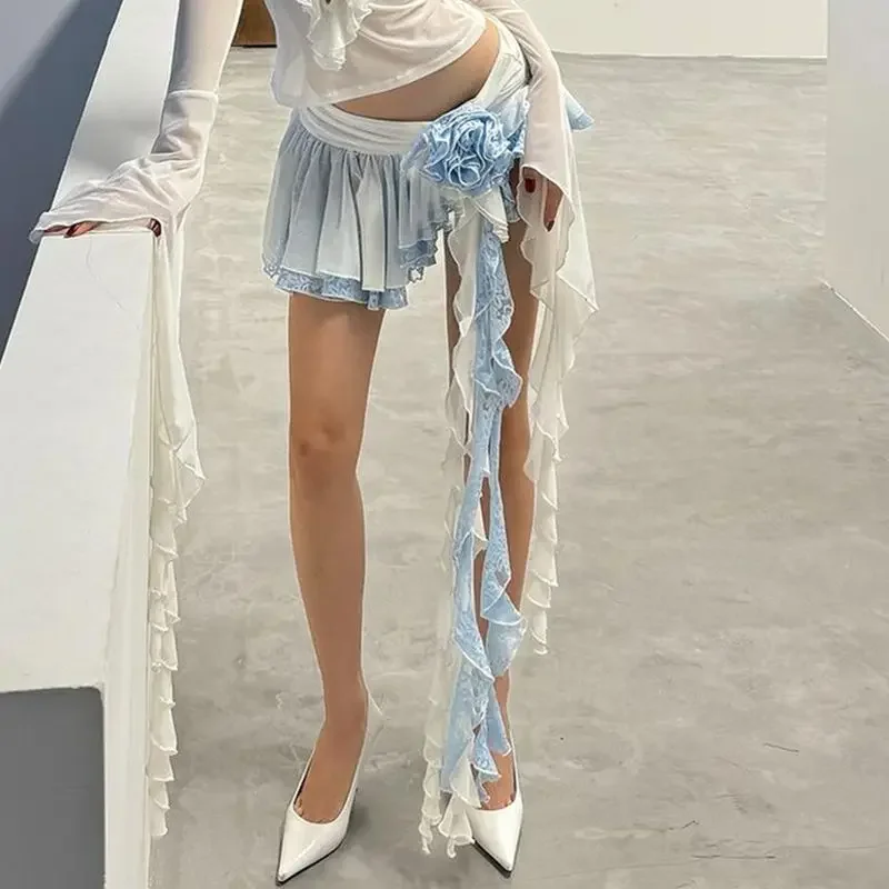 뜨거운 소녀 대비 색상 스 트리머 낮은 허리 스커트 여성 꽃 장식 주름 메쉬