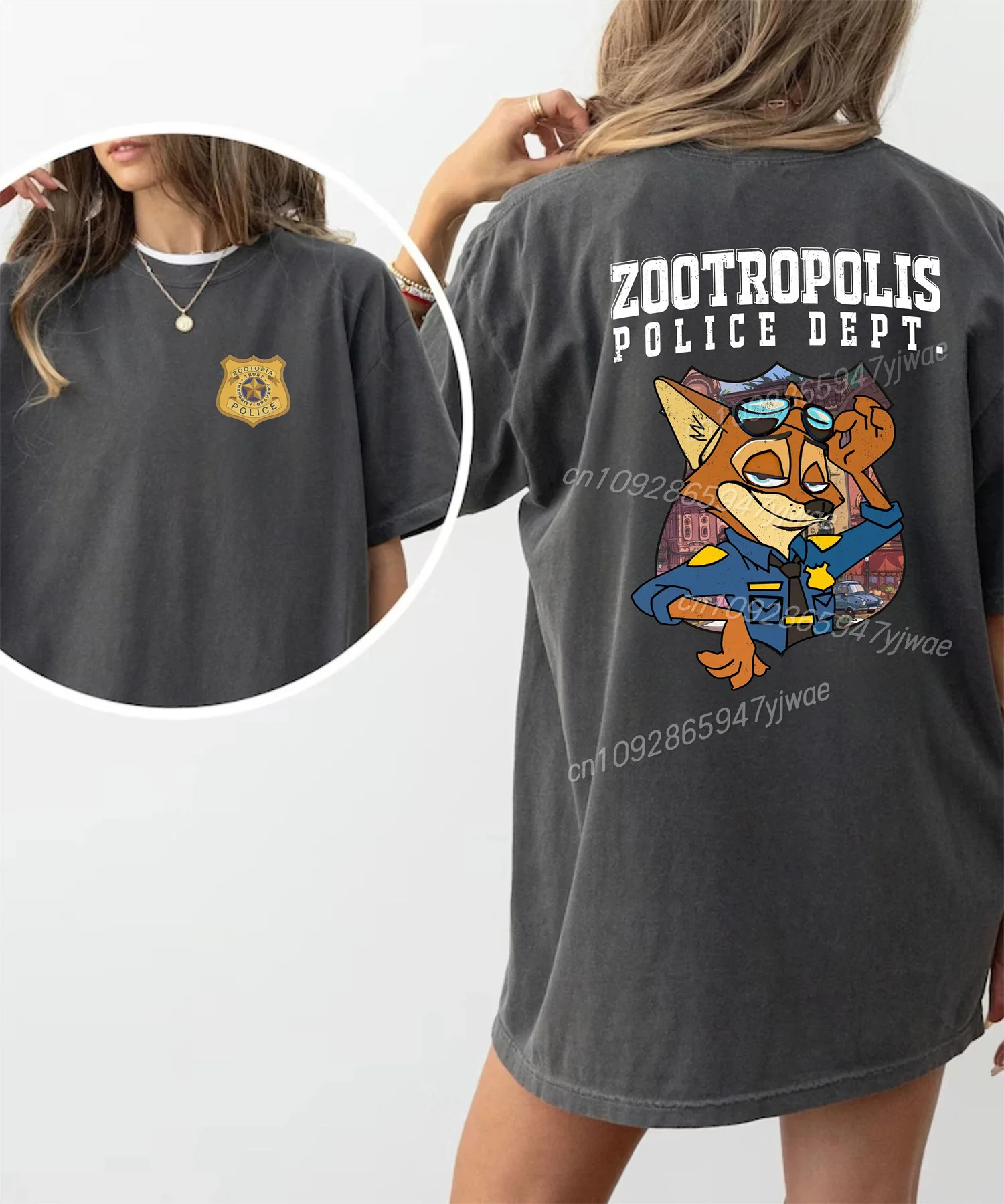 تي شيرت برسوم شارة قسم شرطة Zootropolis على الوجهين تي شيرت ريترو Zootopia تي شيرت نسائي قطني غير رسمي للسفر