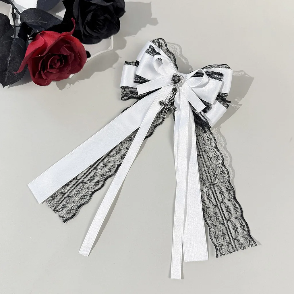Gothic Bow Hair Clip Lace Cross Chain Hairpin Fabric Barrette Decoration Romantic Vintage Hair Accessory for Women Girls Cosplay