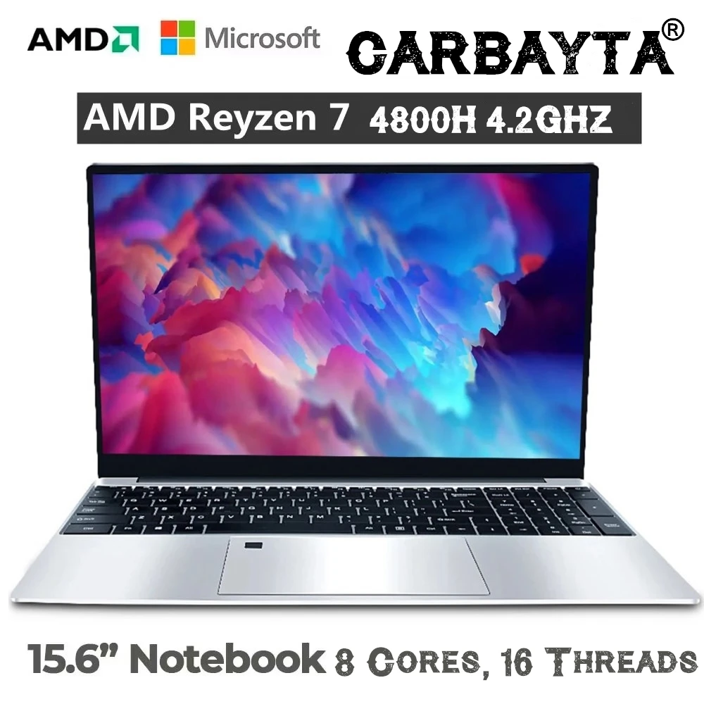 CARBAYTA 15.6 بوصة 8 النوى، 16 خيطًا لأجهزة الكمبيوتر المحمولة للألعاب، بصمة الإصبع، أجهزة الكمبيوتر المحمولة، ألعاب AMD Ryzen 7 4800H RX Vega7