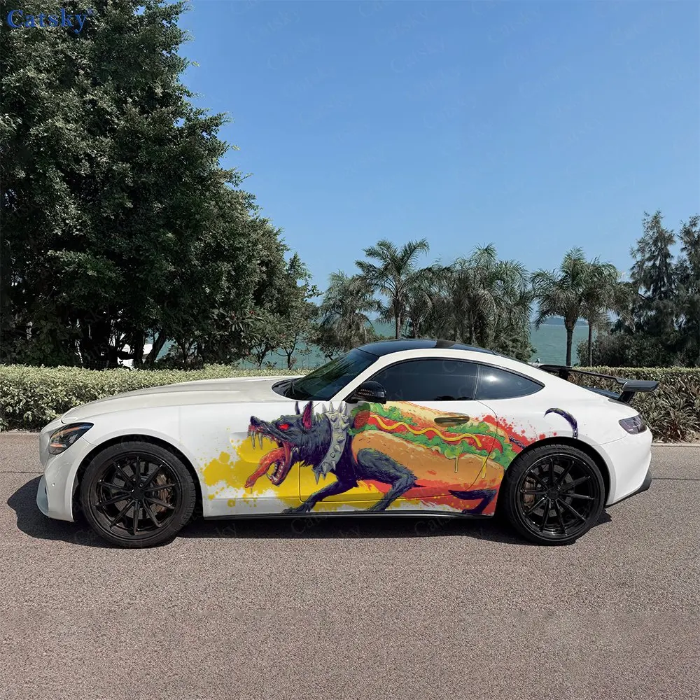 2pcs Graffiti Demon Dog Hot Dog, Durable, Fade-resistant, Enhance Vehicle Aesthetics With Bold Artistic Design Car Vinyl Wraps