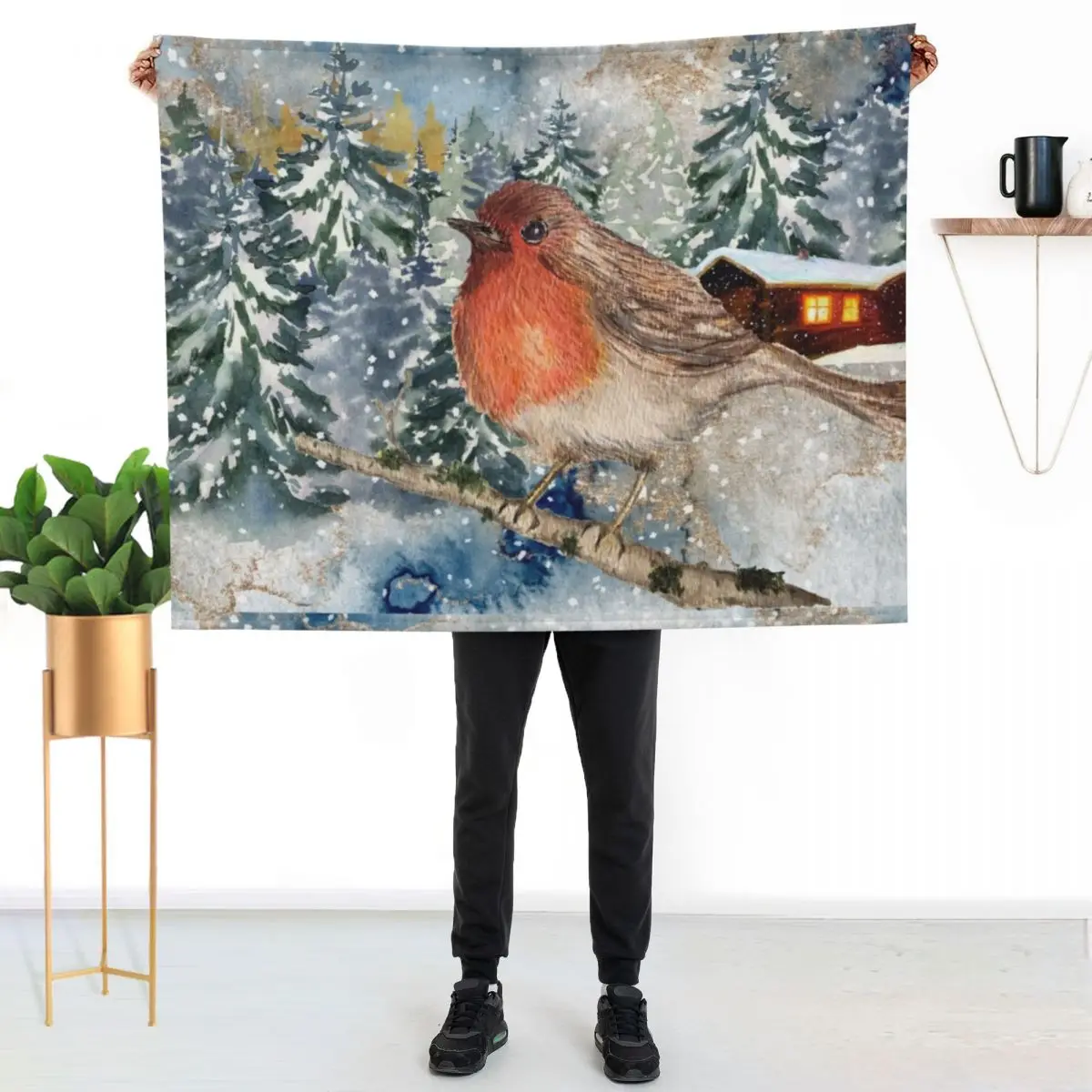 robin in the snow winter wonderland Throw Blanket for sofa Flannels bed plaid Travel warm for winter Loose Blankets