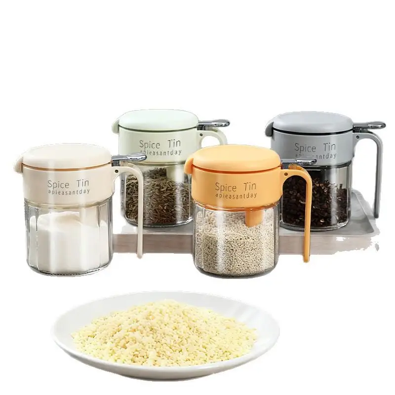 Glass Spice Jar With Built-in Spoon & Handle, Airtight Seasoning Container, Food-Grade Salt Sugar Storage Canister For Kitchen