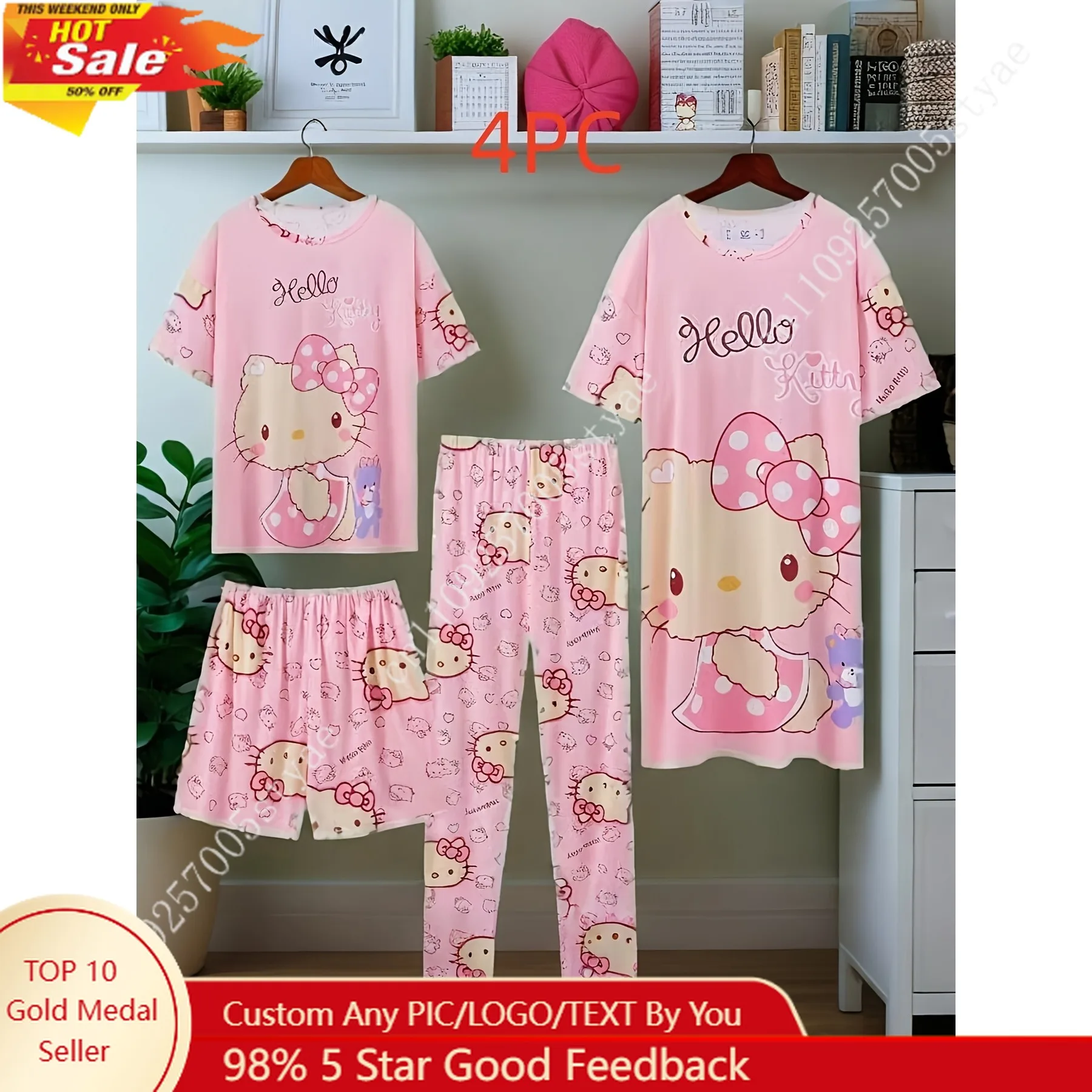 

Комплект из четырех предметов Sanrio Hello Kitty My Melody: милые шорты и футболка с коротким рукавом, удобные семейные пижамы для отдыха