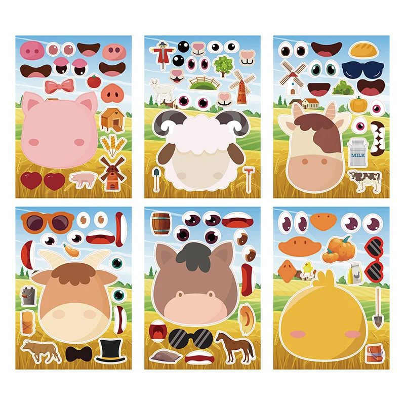 6 Sheets/Set Farm Animals Assembled Sticker Kids DIY Make Animal Facial Expression Stickers Creative Toys Gift