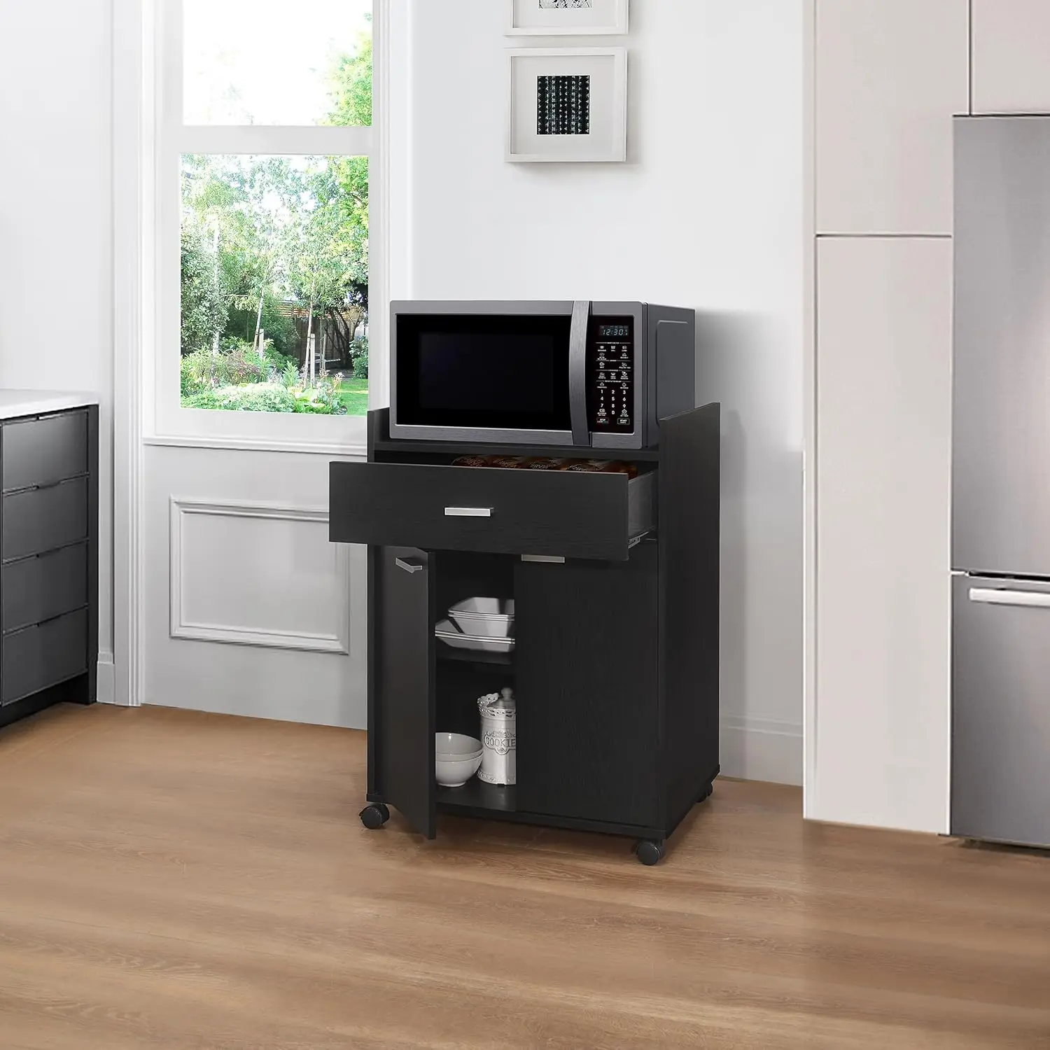 

Kitchen Cabinet Rolling Cart on Wheels, Microwave Shelf Stand with One Drawer, Two Doors for Kitchen, Dining Room, Black