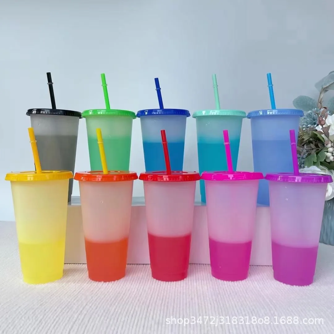 10pcs 710ml PP Plastic Cup Color Changing Straw Cup for Coffee Tea Beverage Creative Design
