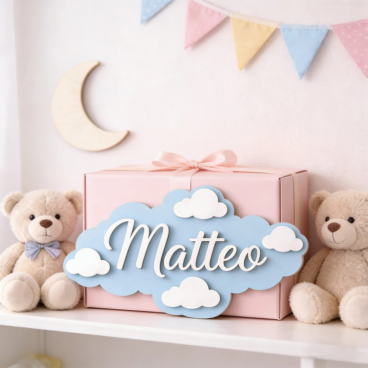 1pc Custom Cloud Shape Wooden Name Sign with Small Cloud Decor Personalized Cursive Text Wall Door Home Decor Gift