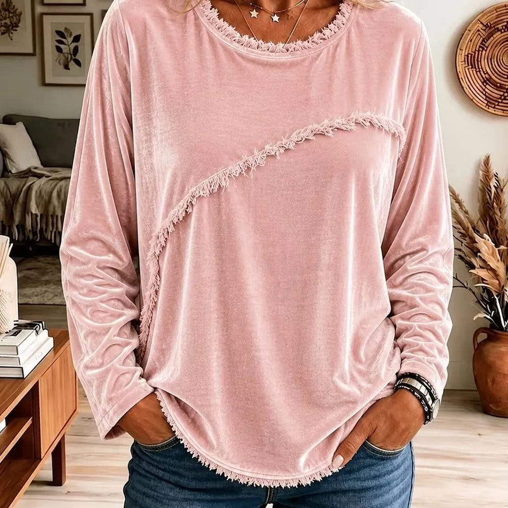 Women's Solid Long Sleeve Pullover for top Designed with Round Neck and Dual-Fabric Spliced Detail in For Velvet Lace