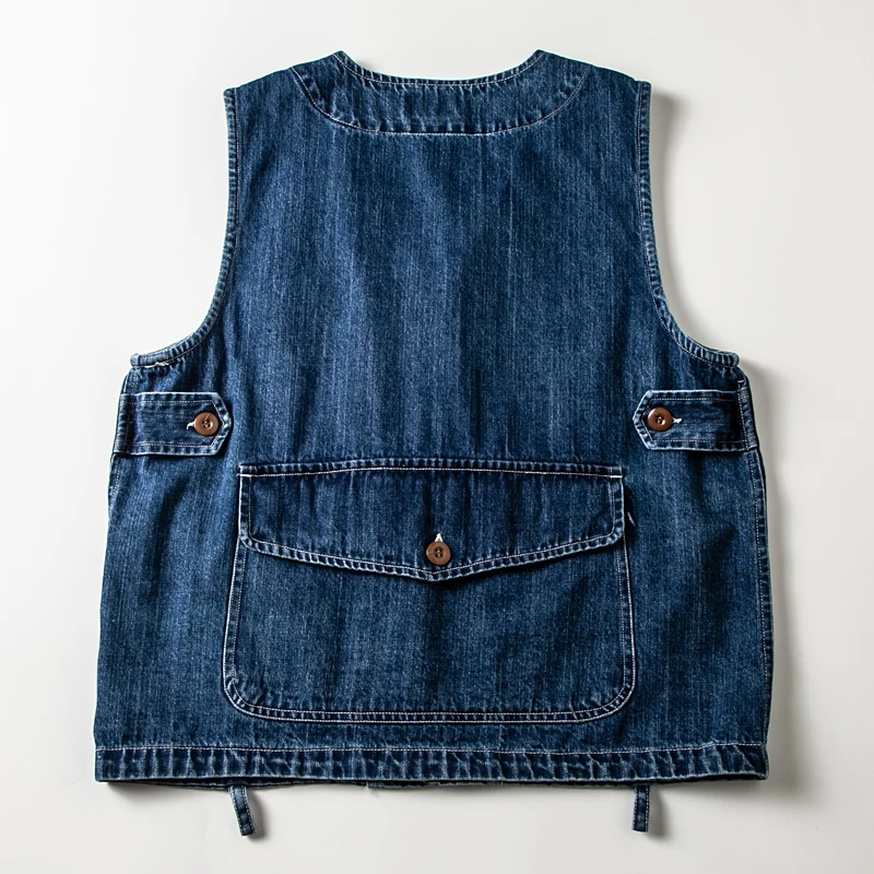 

Amekaji Japanese Style V-Neck Denim Vest for Men - Multi-Pocket Casual Workwear Jacket Unisex Loose Fit Sleeveless Layering