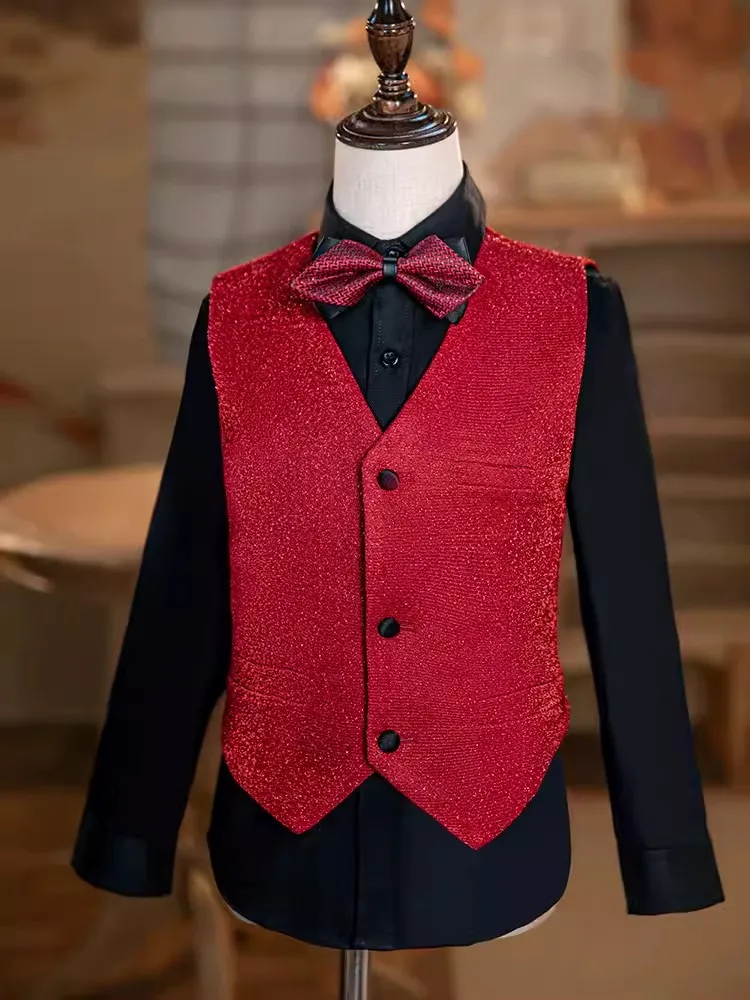 Children Red New Year Singer Host Photography Suit Boys Jacket Vest Pants Performance Costume Kids Piano Sequins Wedding Dress